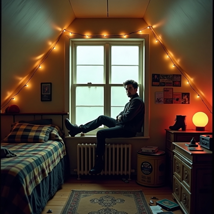 AI-generated photo: Photorealistic film photo wide shot of a slanted-ceiling attic bedroom dressed in grunge textures—pl...