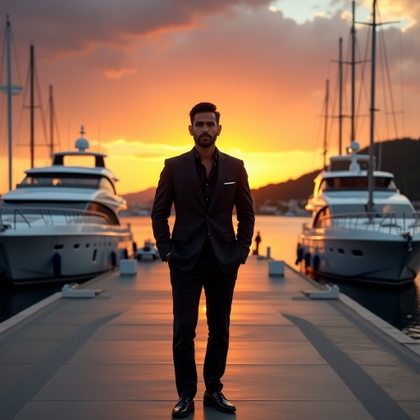 Luxury Marina Portraits With Yachts in the Background example: Photorealistic editorial portrait photography. Hero image on a wide marina promenade framed by luxury yachts on both sid