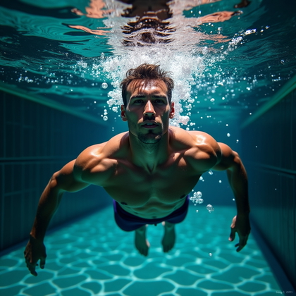 AI-generated photo: Photorealistic underwater portrait photography, dynamic full-body diagonal composition in a deep, cr...