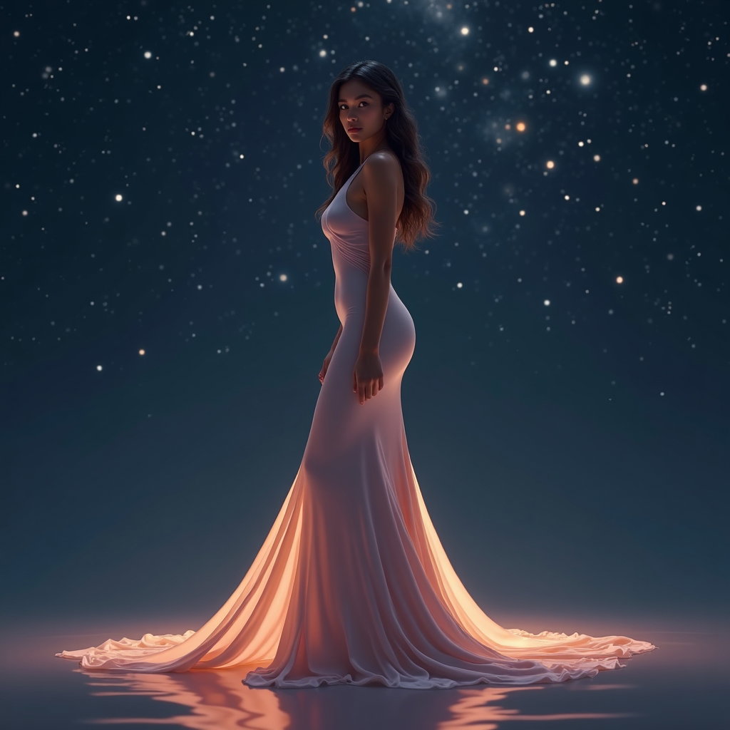 AI-generated photo: Photorealistic fashion portrait photography, a single figure in a silky, body-skimming dress standin...