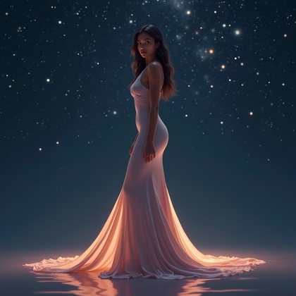 AI-generated photo: Photorealistic fashion portrait photography, a single figure in a silky, body-skimming dress standin...