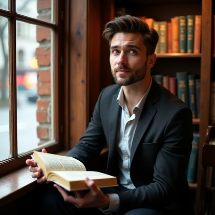 Dating profile photo, an environmental portrait in a cozy independent bookstore, with the subject seated near a window holding an open book and glancing up with an inviting expression. Use warm indoor lighting, textured shelves in the background, a refined casual outfit, rich wood and earth tones, and a composition that suggests personality, intelligence, and approachability.