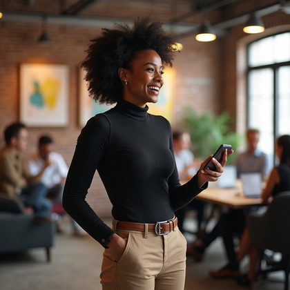 AI-generated photo: LinkedIn photo capturing a dynamic brainstorming session in a modern co-working space, with exposed ...