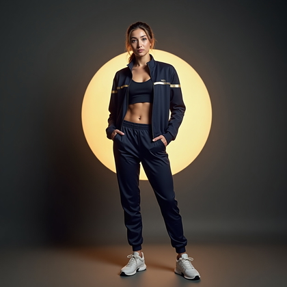 AI-generated photo: Photorealistic studio fashion photography, three-quarter portrait of an athlete standing in a relaxe...