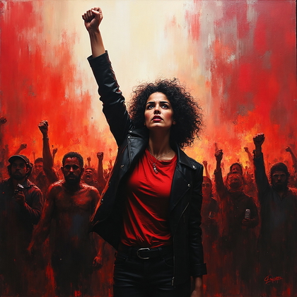 AI-generated photo: **Expressionist painting.** A powerful representation of a young woman standing defiantly in front o...