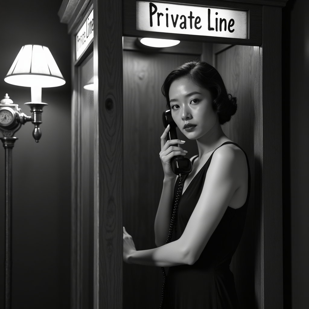 AI-generated photo: 1920s gelatin silver speakeasy portrait photograph in a wooden telephone booth: standing within the ...