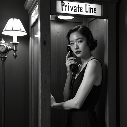 AI-generated photo: 1920s gelatin silver speakeasy portrait photograph in a wooden telephone booth: standing within the ...
