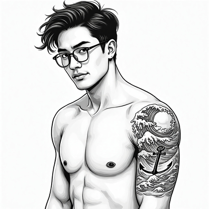 AI-generated photo: **Minimalist line art illustration** of a man with an intriguing minimalist marine tattoo on his upp...