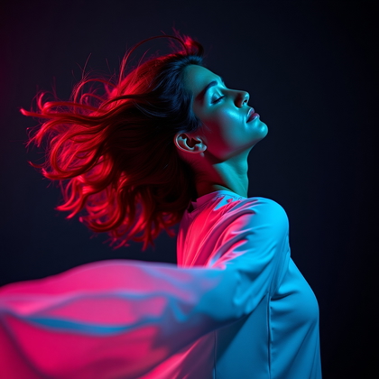 AI-generated photo: Photorealistic studio portrait photograph of a person in a close-up three-quarter view, head turned ...