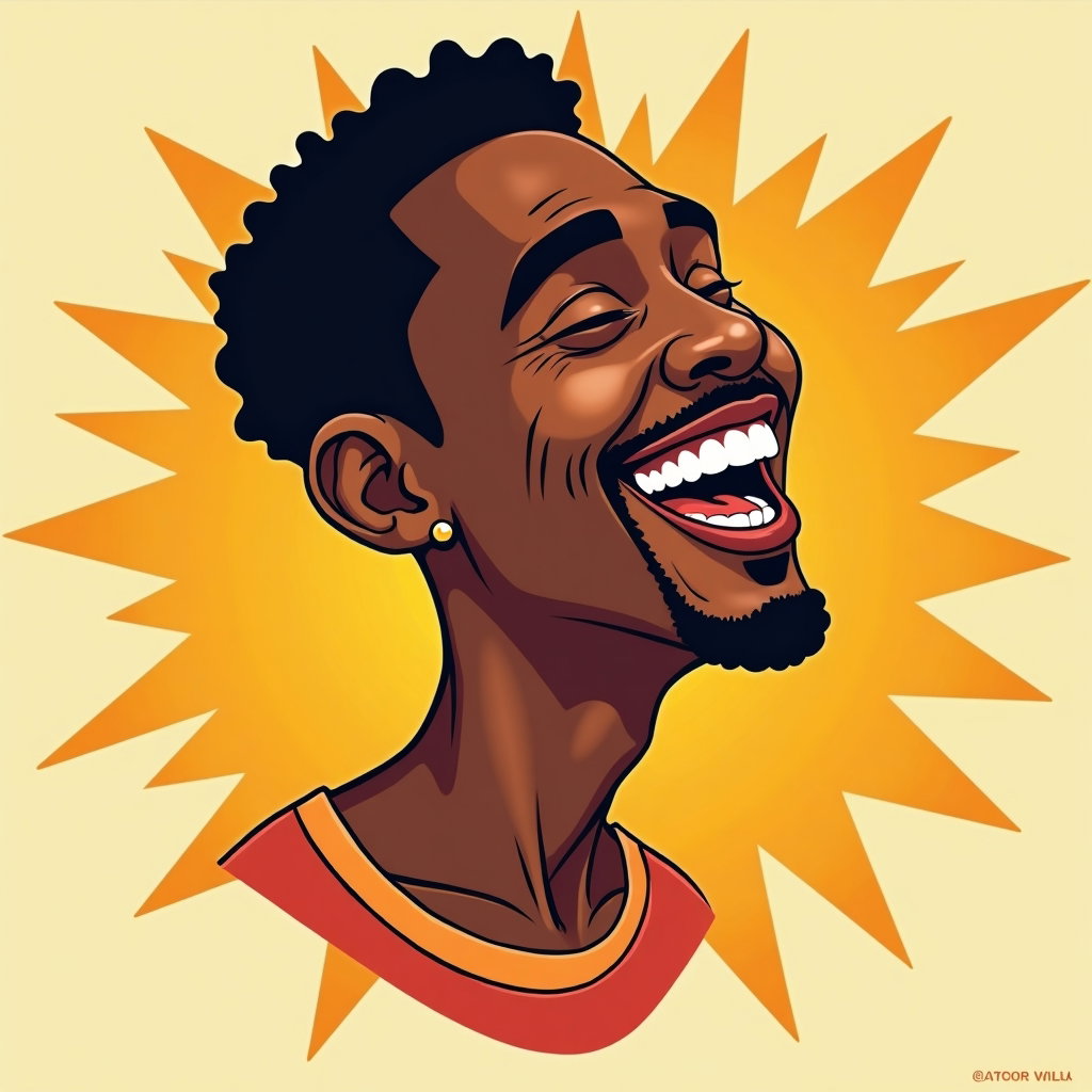 AI-generated photo: Vector caricature illustration. Three-quarter bust composition with head tipped back in a belly laug...