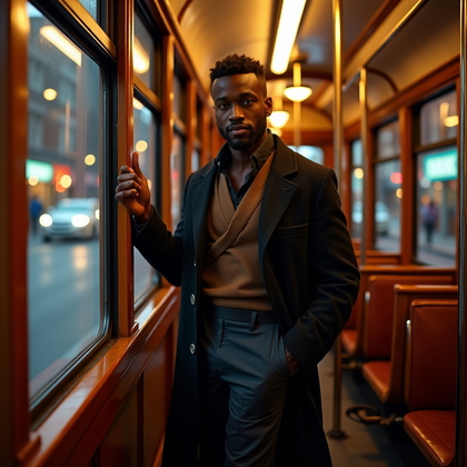 Photorealistic editorial portrait inside a vintage streetcar at twilight with warm tungsten practicals and glossy wooden trim, subject standing by the window grip with one hand, shoulders squared and body angled three-quarters, facing the camera with a confident half-smile, stylish long coat layered over a crisp top and slim trousers, leather satchel at hip. Streetlights streak softly through the glass, reflections framing the face while a gentle key from the overhead lamp keeps facial features clearly lit and expressive.