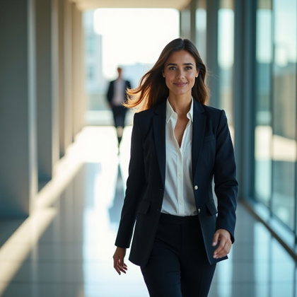 Corporate action portrait photograph. Motion-style business image of the subject walking through a bright office passageway, mid-stride while looking toward the viewer, with the face clearly visible and a purposeful yet approachable expression. Style with a polished suit or elevated business-casual outfit, gentle background motion blur, clean glass and concrete surroundings, and energetic professional lighting that communicates momentum and confidence.