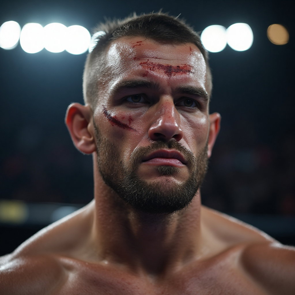 AI-generated photo: Photorealistic up-close portrait focusing on the intense gaze of a UFC fighter standing at the cente...