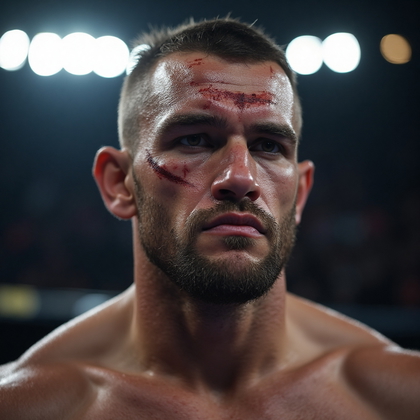 AI-generated photo: Photorealistic up-close portrait focusing on the intense gaze of a UFC fighter standing at the cente...