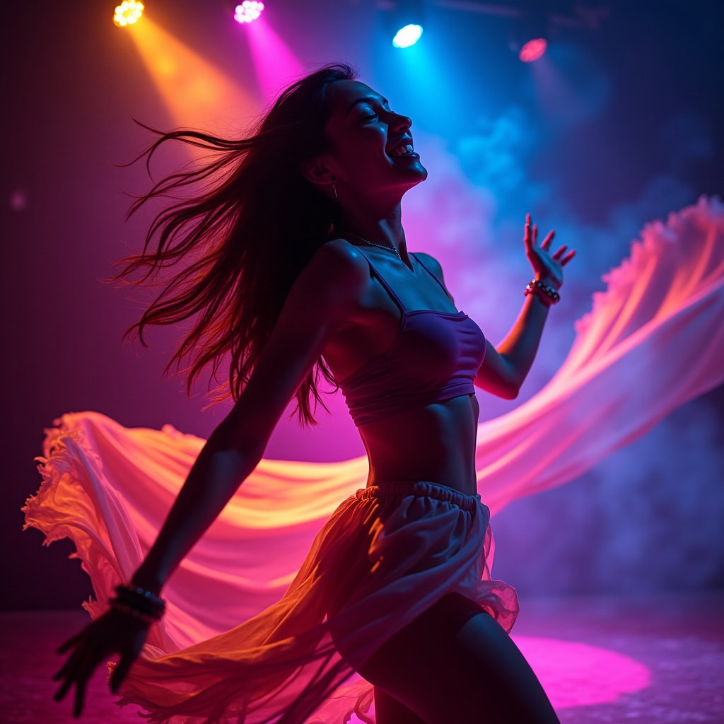 Nighttime Neon Pride Portraits With Club-Inspired Color example: Photorealistic portrait photography. Motion portrait of the subject dancing alone under pulsing rainbow club lights, cap