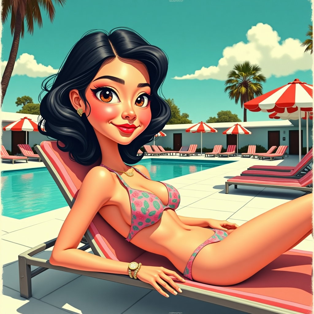 AI-generated photo: Risograph caricature poster — retro motel pool deck at high noon with turquoise water, striped umbre...
