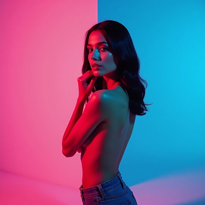 AI-generated photo: Photorealistic studio portrait with a split-color backdrop of electric magenta and icy cyan, the sub...