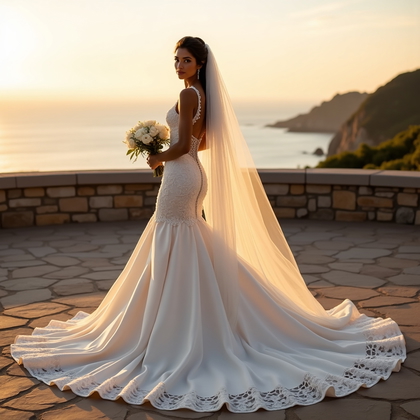 AI-generated photo: Photorealistic wedding photography on a coastal overlook at golden hour, the subject positioned on a...