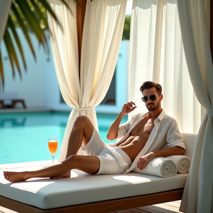 Photorealistic lifestyle photo at a modern resort cabana by a turquoise pool, sheer white curtains breathing in a light breeze, the subject reclining on a teak daybed with one knee bent and one hand braced behind for a tall posture, the other hand resting on a rolled towel beside a chilled drink; face angled toward the camera with playful eye contact, sunglasses set aside to keep eyes unobstructed, crisp swimwear layered with an open resort shirt and minimal jewelry. Hard midday sun is softened by the cabana’s fabric acting as a diffuser, producing clean highlights and luminous sheen with a subtle edge light from water reflections, framed in a balanced rule-of-thirds composition with palm fronds feathering into the top corners.