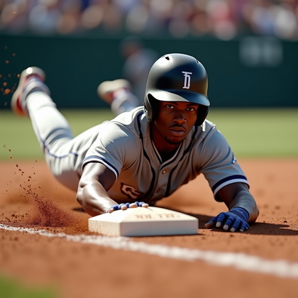 AI-generated photo: Photorealistic professional sports action photo of a solo headfirst slide into third base during a s...