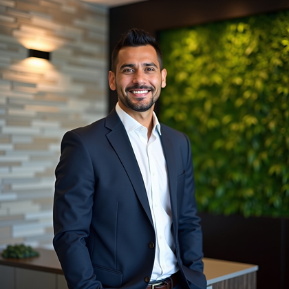 AI-generated photo: Professional headshot in a sleek reception area with a stone feature wall and a living greenery pane...