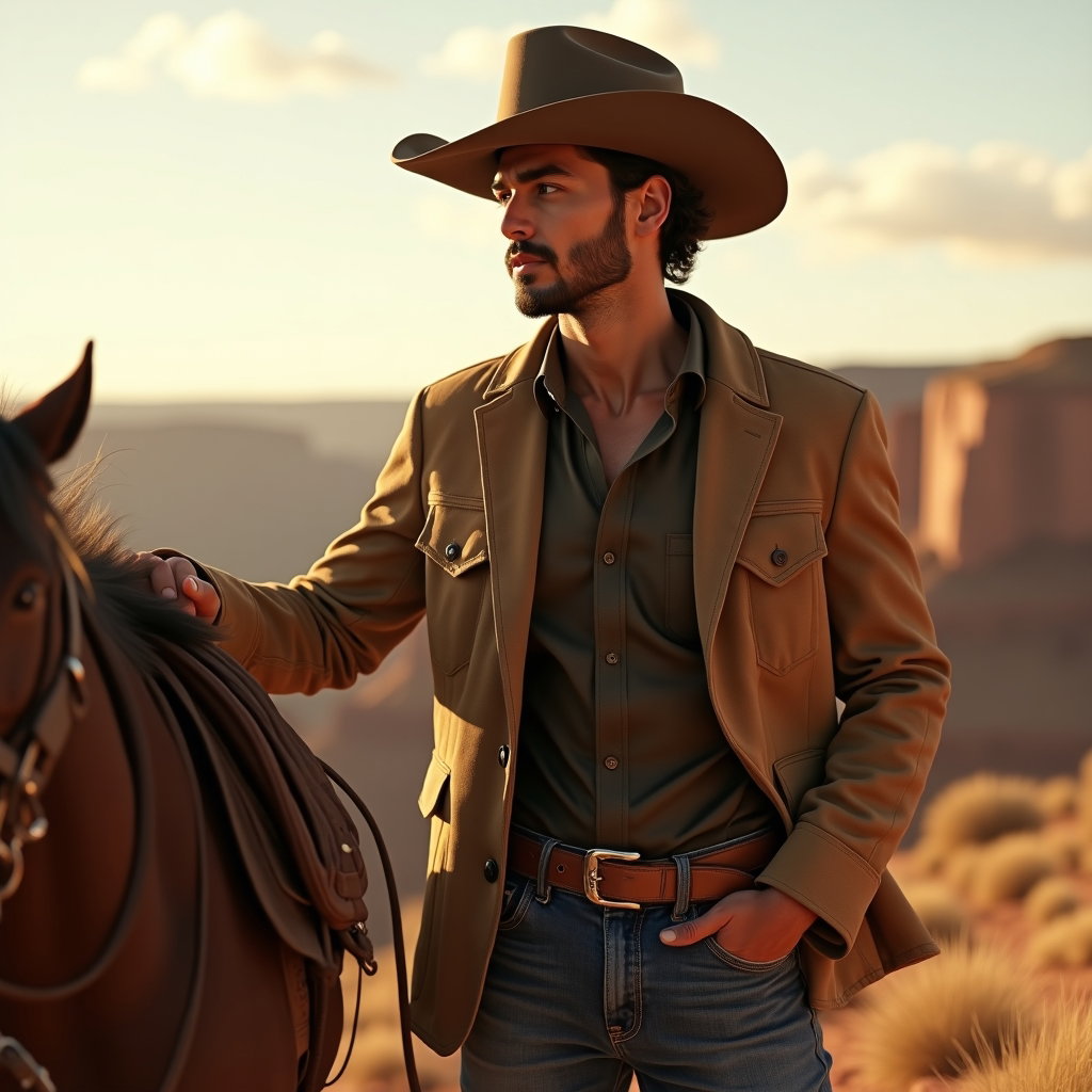 AI-generated photo: Photorealistic high-fashion western photography, a lone cowboy stands beside a saddled horse near th...