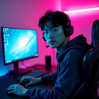 AI-generated photo: Photorealistic fashion portrait photography style, three-quarter framing of a streamer in a minimali...