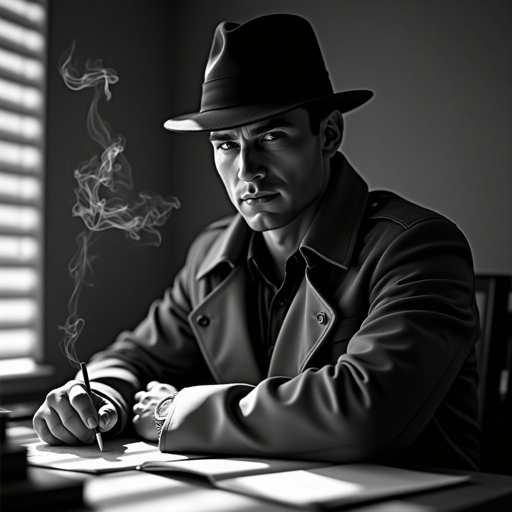 AI-generated photo: Silver gelatin studio portrait photograph—low-key noir lighting with razor-edged Venetian-blind slas...