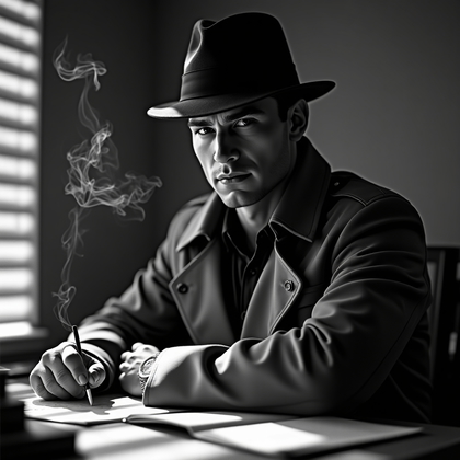 AI-generated photo: Silver gelatin studio portrait photograph—low-key noir lighting with razor-edged Venetian-blind slas...