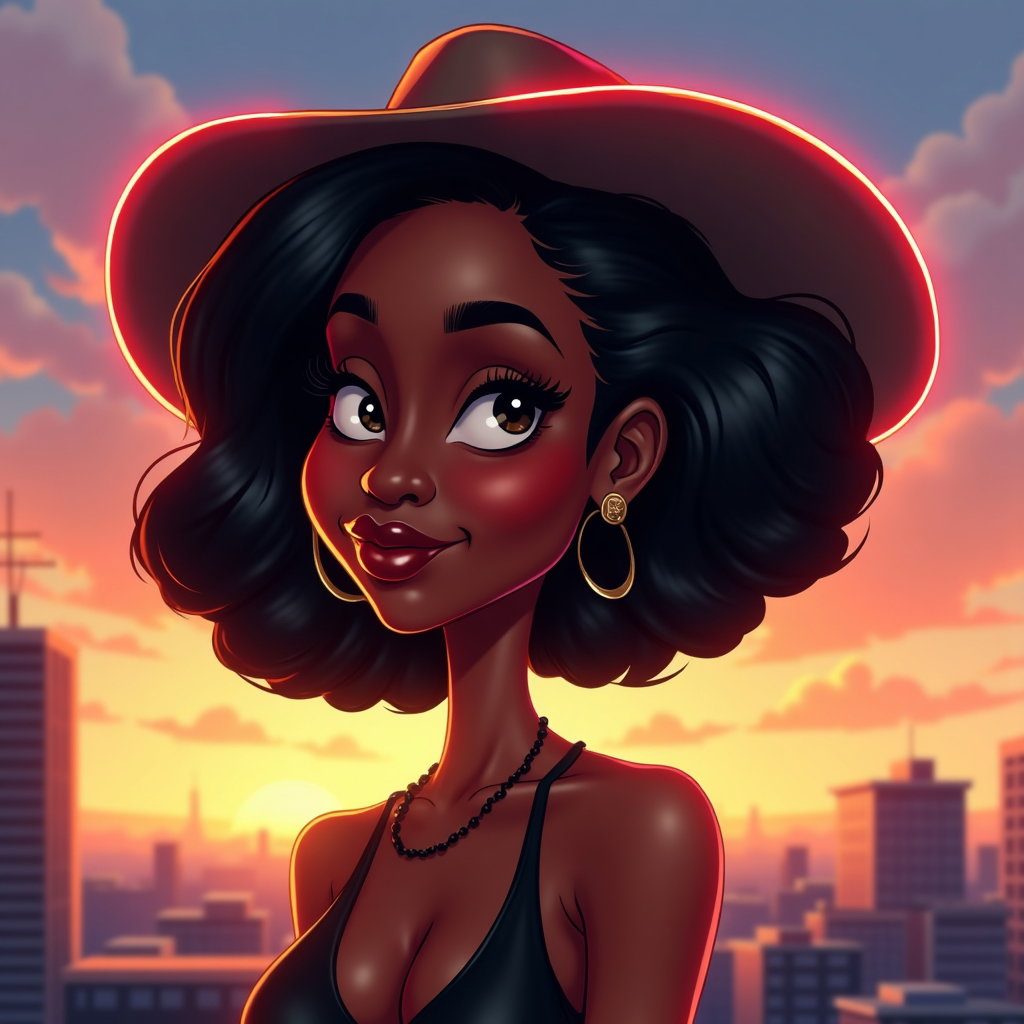 AI-generated photo: Digital caricature illustration. A bold contre-jour portrait on a rooftop at sunset with a crisp neo...