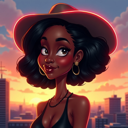 AI-generated photo: Digital caricature illustration. A bold contre-jour portrait on a rooftop at sunset with a crisp neo...