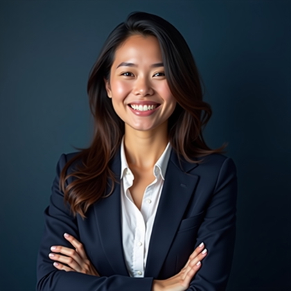 LinkedIn profile photo. Square crop-ready head-and-shoulders portrait with the subject facing the viewer directly, shoulders relaxed, and a friendly professional expression suitable for an avatar. Use a deep navy studio background, crisp business attire, flattering softbox-style lighting, subtle catchlight, tight clean framing, and high-resolution professional polish.