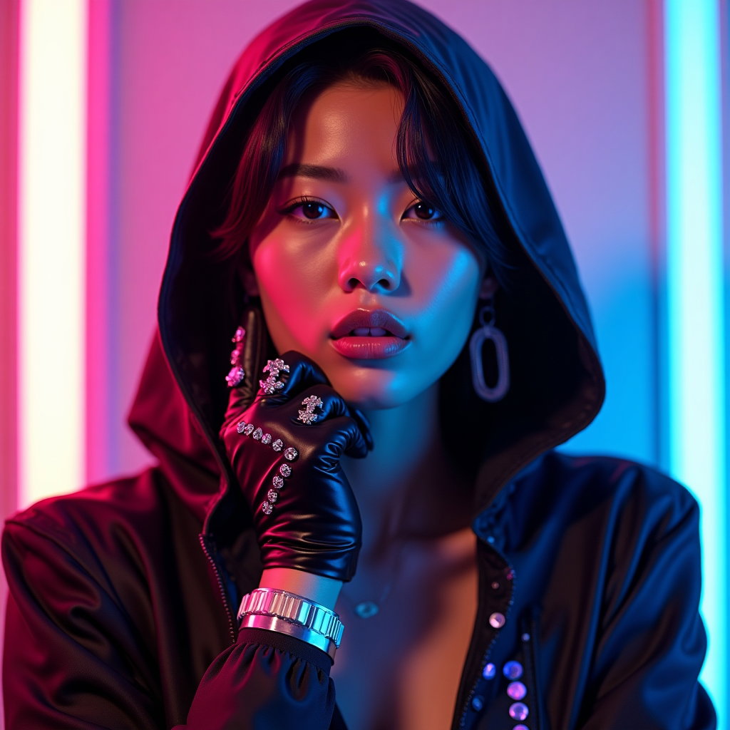 Full-Body Fashion Editorial Pop Star Cover Photos example: Photorealistic fashion editorial album cover photo. Close-up crop with the subject facing forward, shoulders angled slig