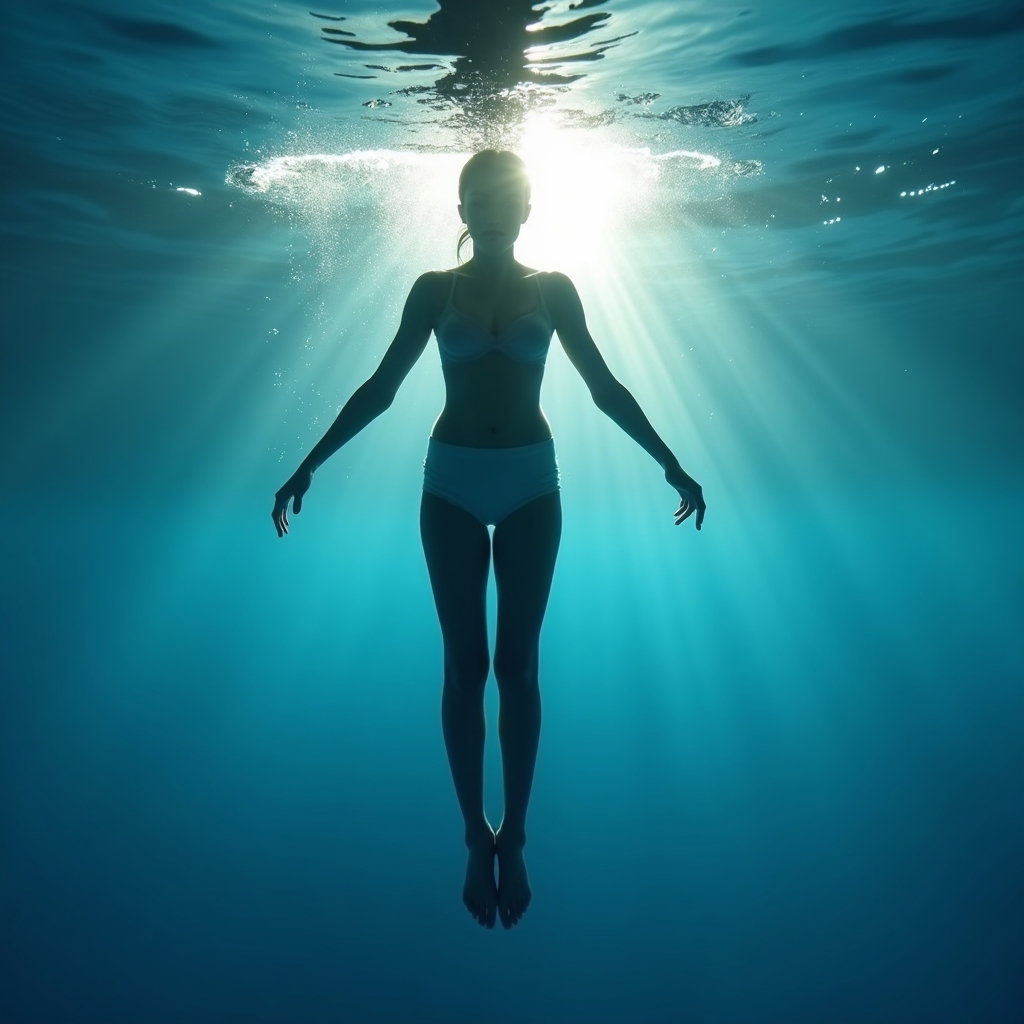AI-generated photo: Photorealistic underwater portrait photography, a clean backlit silhouette of a swimmer floating upr...