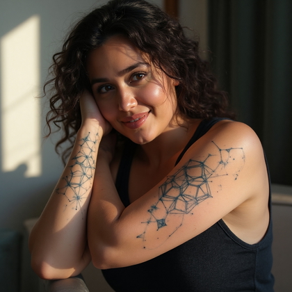 AI-generated photo: Photorealistic photography capturing a woman with an intricate geometric tattoo design featuring a s...