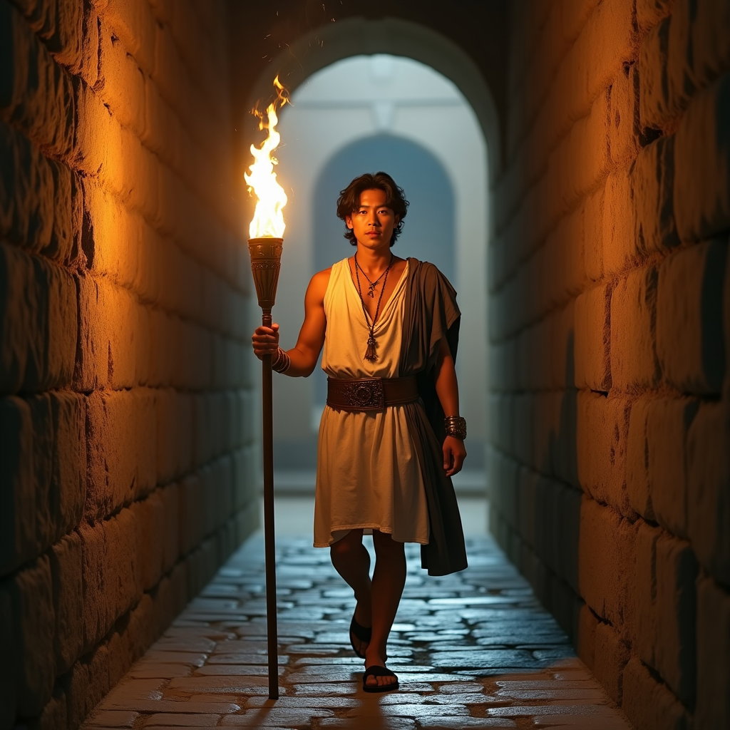 Solo Theseus Labyrinth Torch-Bearer Portrait example: Cinematic mythological portrait photography, full-body portrait of a solo Theseus-inspired torch-bearer striding through