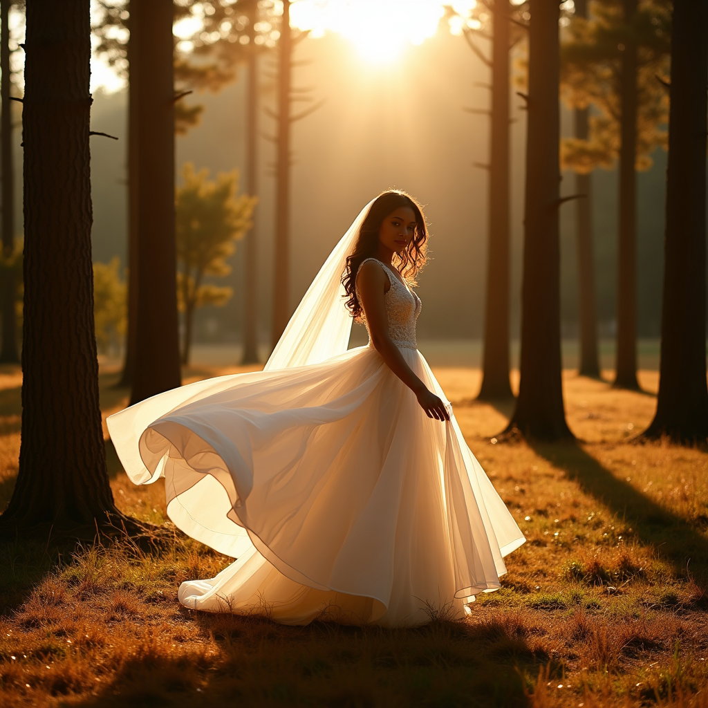 AI-generated photo: Photorealistic wedding photography: forest clearing at golden hour with tall pines forming stately c...
