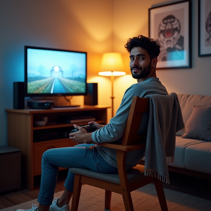 AI-generated photo: Photorealistic portrait photography. A chill gamer sits sideways on a sturdy wooden dining chair tur...