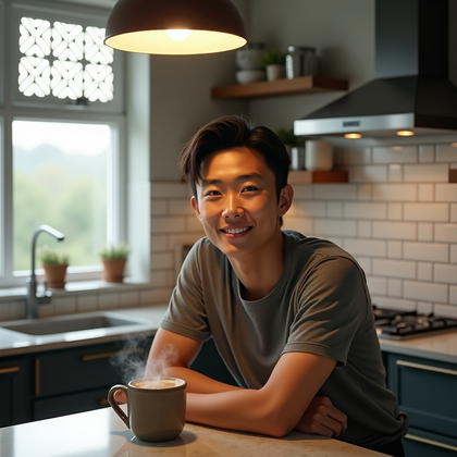 AI-generated photo: Photorealistic portrait photograph in a cozy modern kitchen, a casement window-frame gobo cutting so...