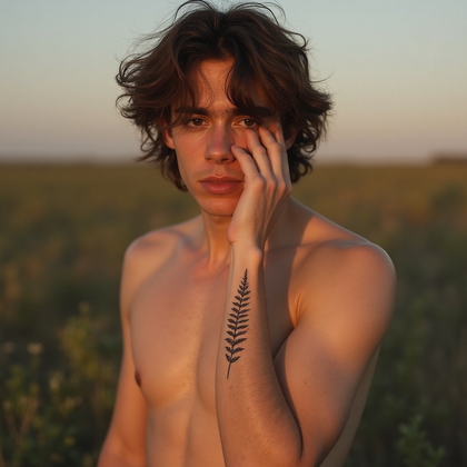 AI-generated photo: Photorealistic photography of a 27-year-old man with a minimalist botanical tattoo on his forearm. T...