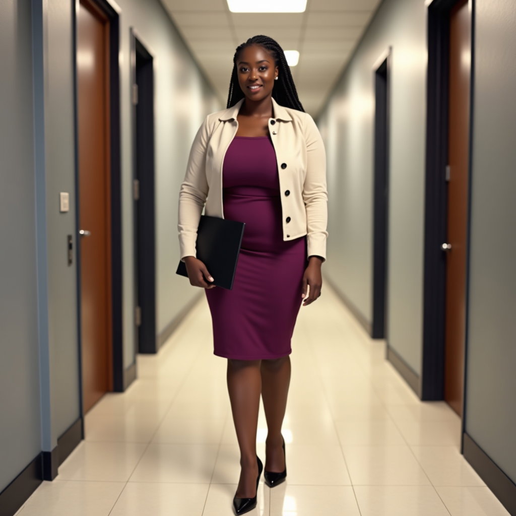 Sheath Dress And Cardigan: Classic professional outfit concept in a softly lit office hallway outside a meeting room.