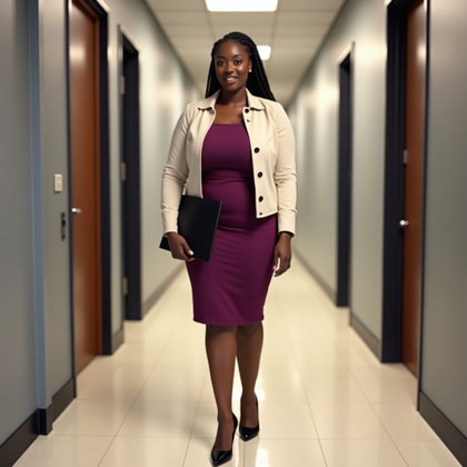 Robe fourreau et cardigan : concept classique de tenue professionnelle dans un couloir de bureau doucement éclairé, à l’extérieur d’une salle de réunion.