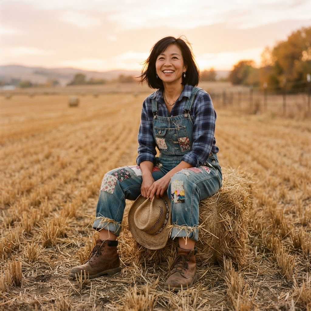 Patchwork Scarecrow in a Golden Field: Full-body portrait seated on the edge of one low hay bale in a golden harvested field, both boots resting visibly on the ground.
