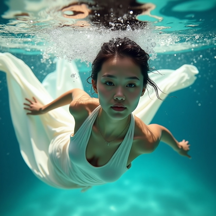 AI-generated photo: Photorealistic underwater action fashion portrait. A diver is captured mid-dolphin kick in a long, h...
