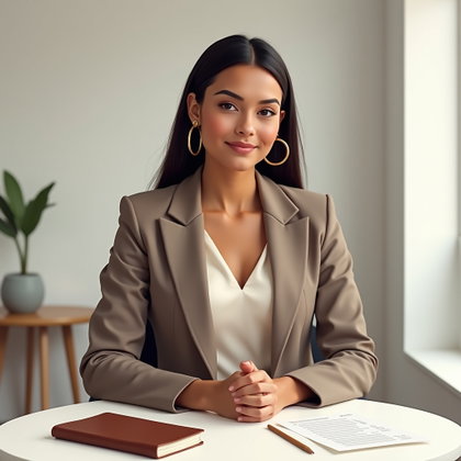 Blazer et blouse en soie : portrait moderne dans une salle d’entretien, la personne assise à une table ronde, cadré du milieu du torse vers le haut.