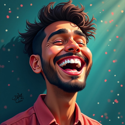 AI-generated photo: Digital oil caricature painting. Painterly portrait cropped just below the neck with a joyous, open-...