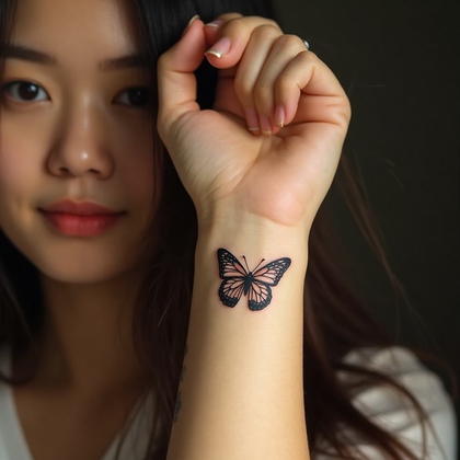 AI-generated photo: Photorealistic photography capturing a minimalist tattoo of a single butterfly resting on the outer ...