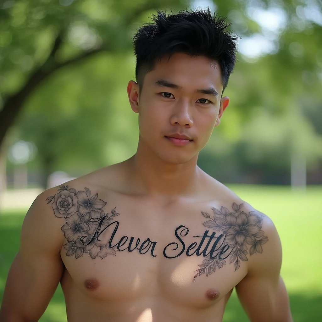 AI-generated photo: Photorealistic photography featuring a young man revealing a detailed script tattoo on his shoulder....