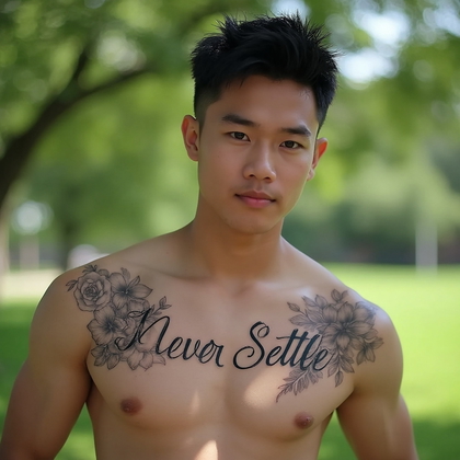 AI-generated photo: Photorealistic photography featuring a young man revealing a detailed script tattoo on his shoulder....