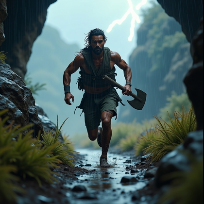 AI-generated photo: Photorealistic outdoor action portrait: Racing uphill from a cave mouth during a squall, the subject...